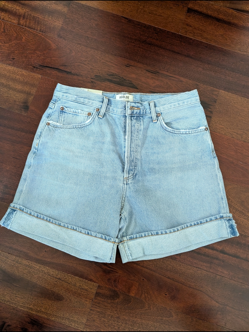 Agolde Light Blue High-Rise Cuffed Denim Shorts
